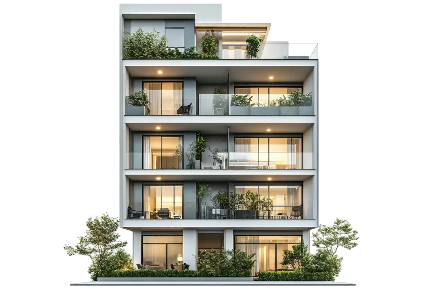 Contemporary apartment building with glass balustrades and planted terraces