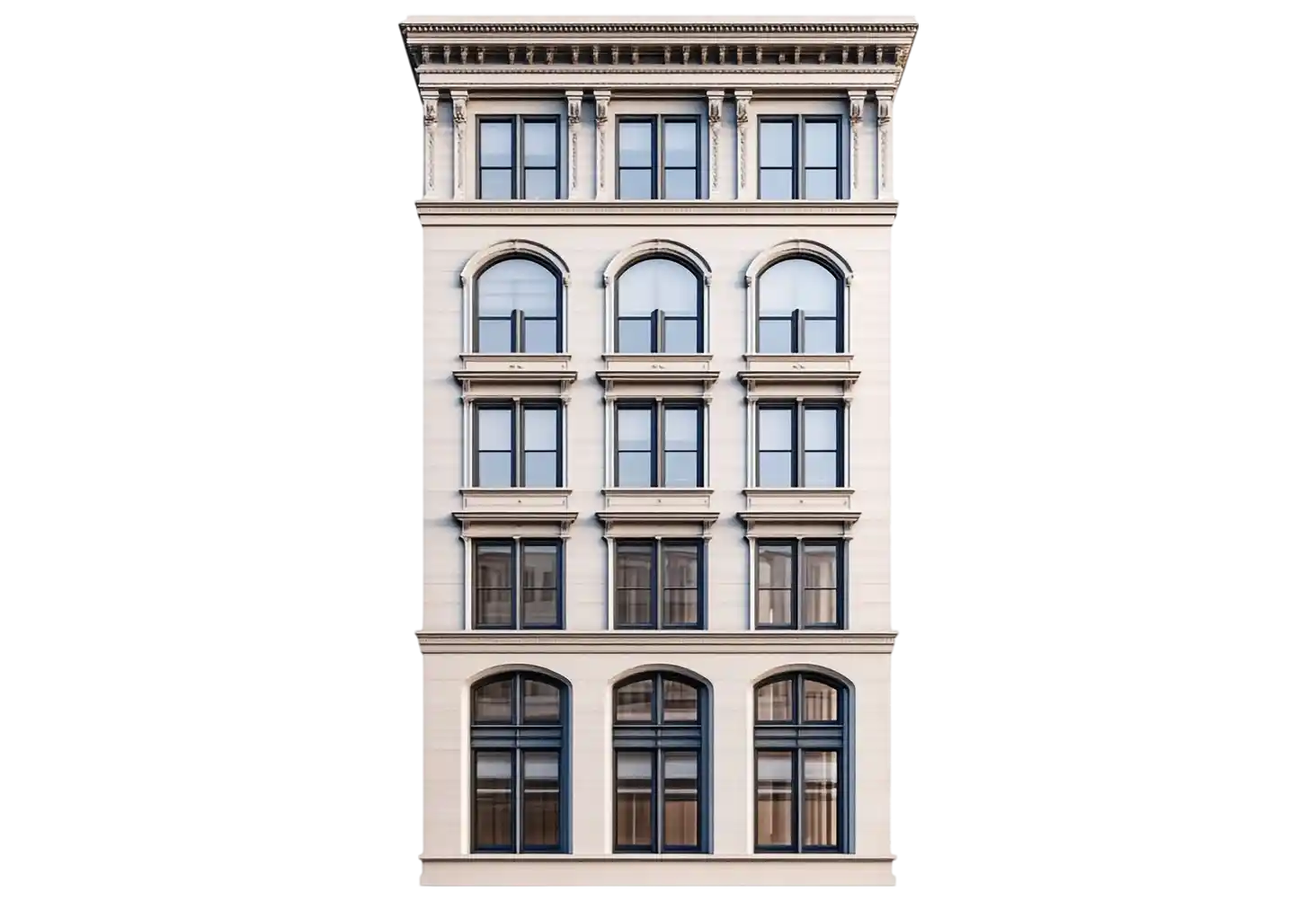 Restored period building with a carved stone facade and arched sash windows