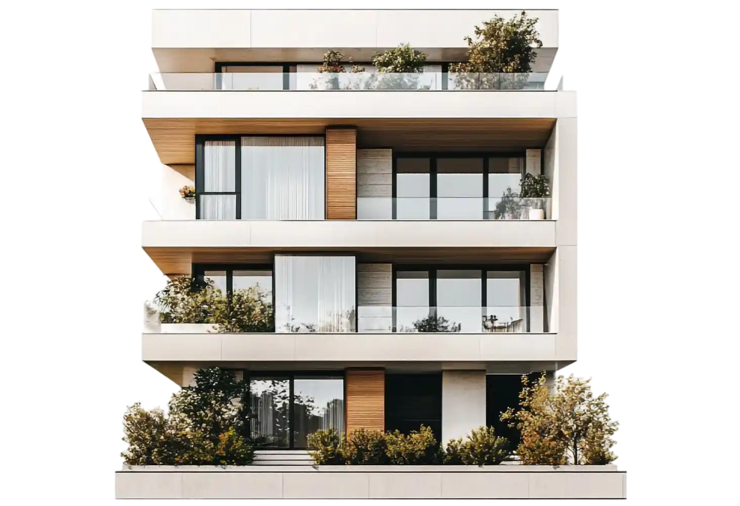 Modern residential building with timber cladding, glass balconies and landscaped planting